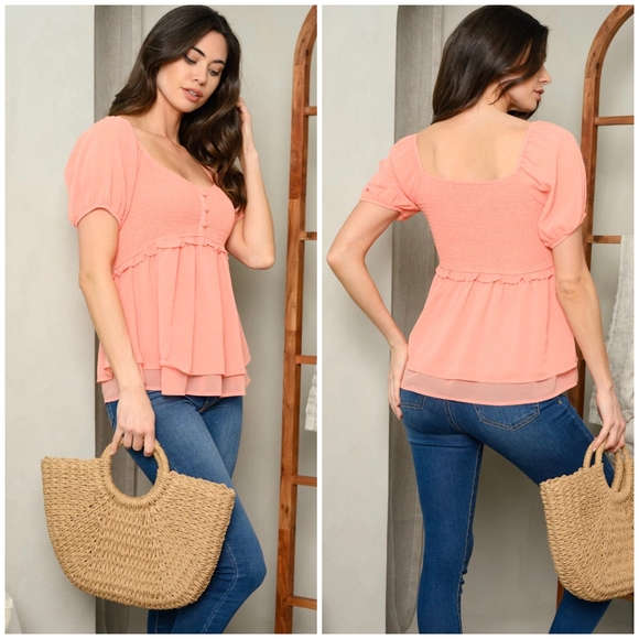 BaeVely Vintage Chic Salmon Short Sleeves Babydoll Top - Picture 6 of 6